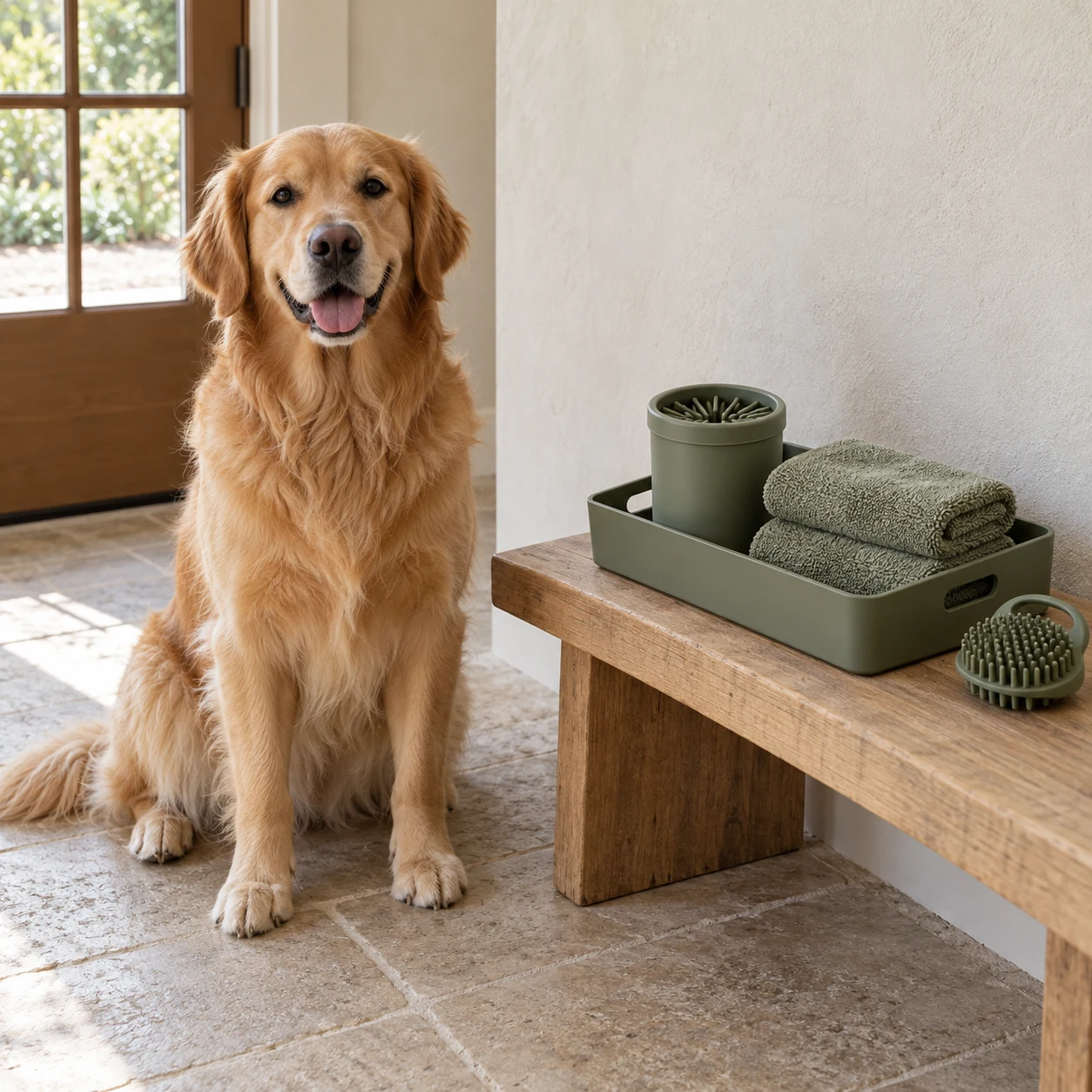 Moss green pet cleaning tools arranged beside a dog at a bright home entryway