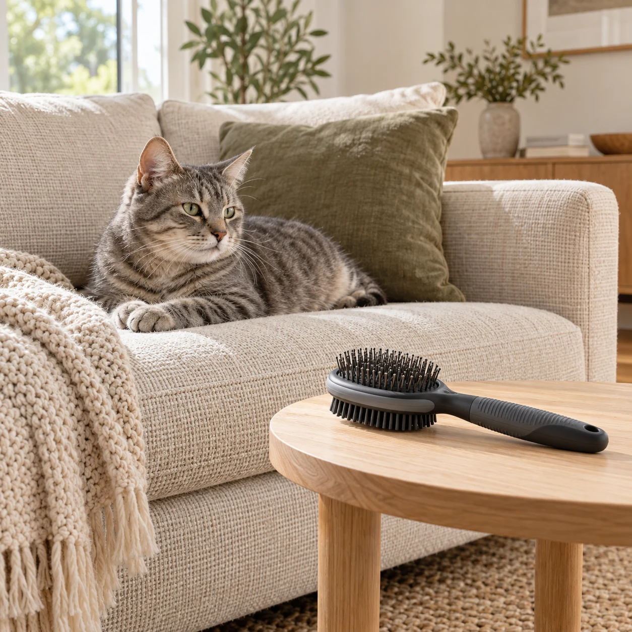 A calm living room shared with a cat, with practical pet hair cleanup tools nearby
