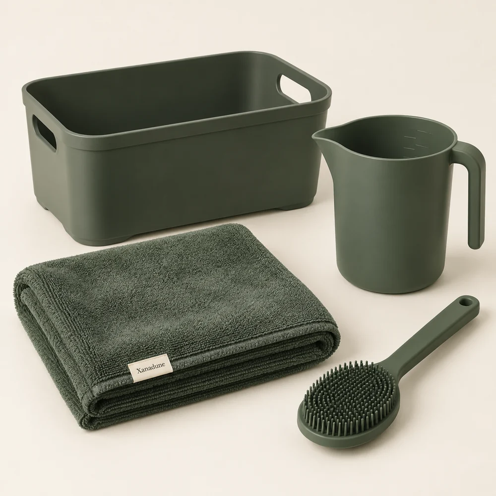 Bath Prep Kit in Moss — One bath brush, one towel, one rinse jug and one basket
