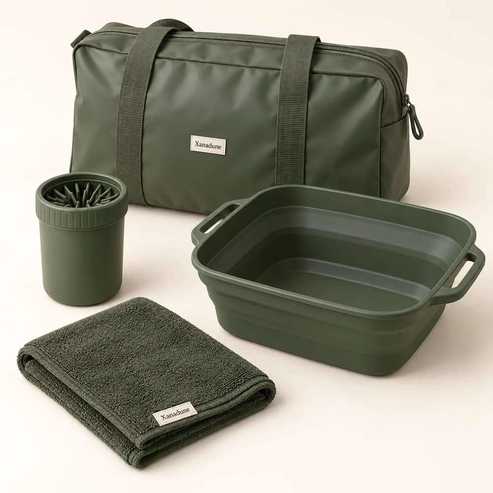 Travel Cleanup Kit in Moss — One M rinse cup, one towel, one folding basin and one zip bag