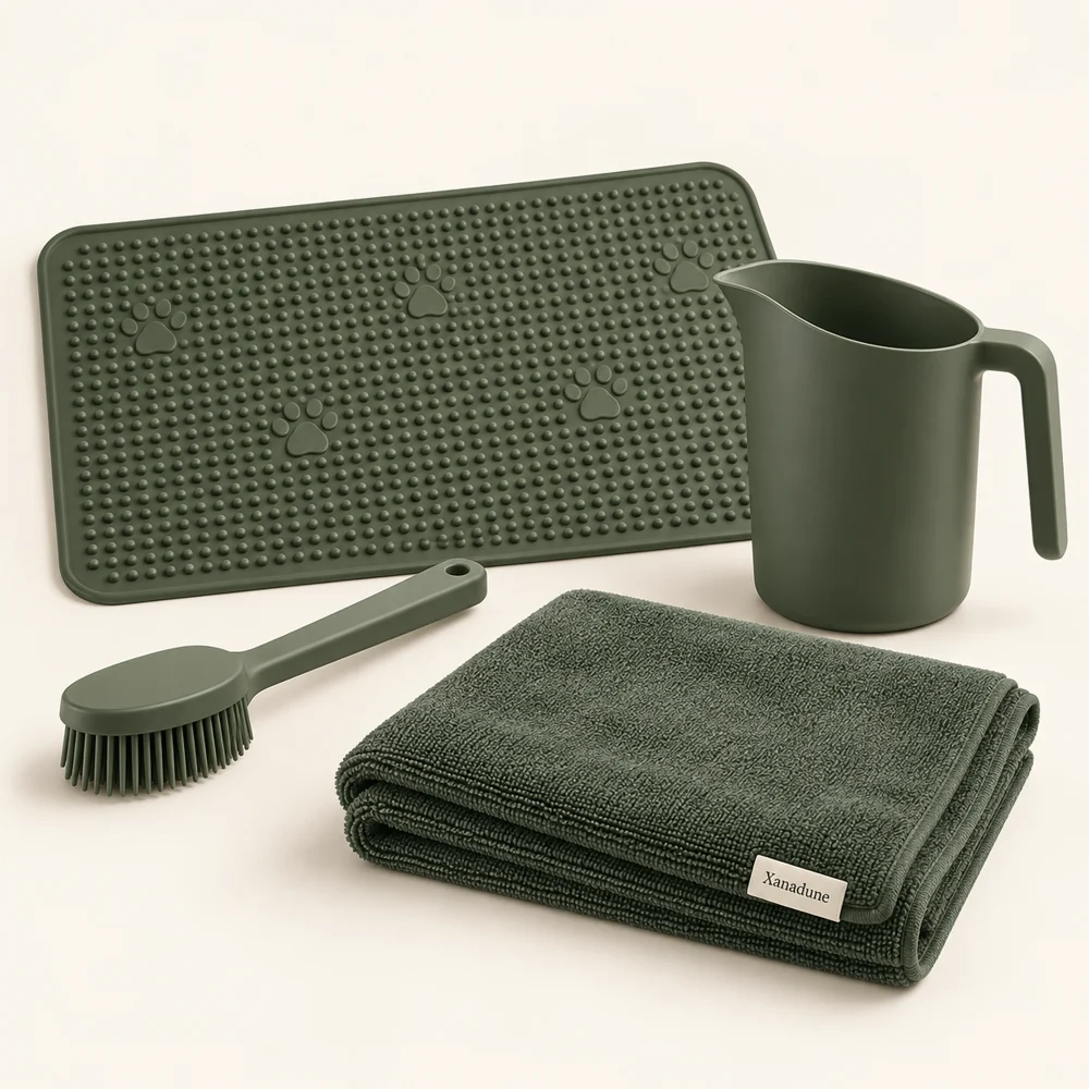 Everyday Bath Kit in Moss — One bath mat, one brush, one rinse jug and one towel