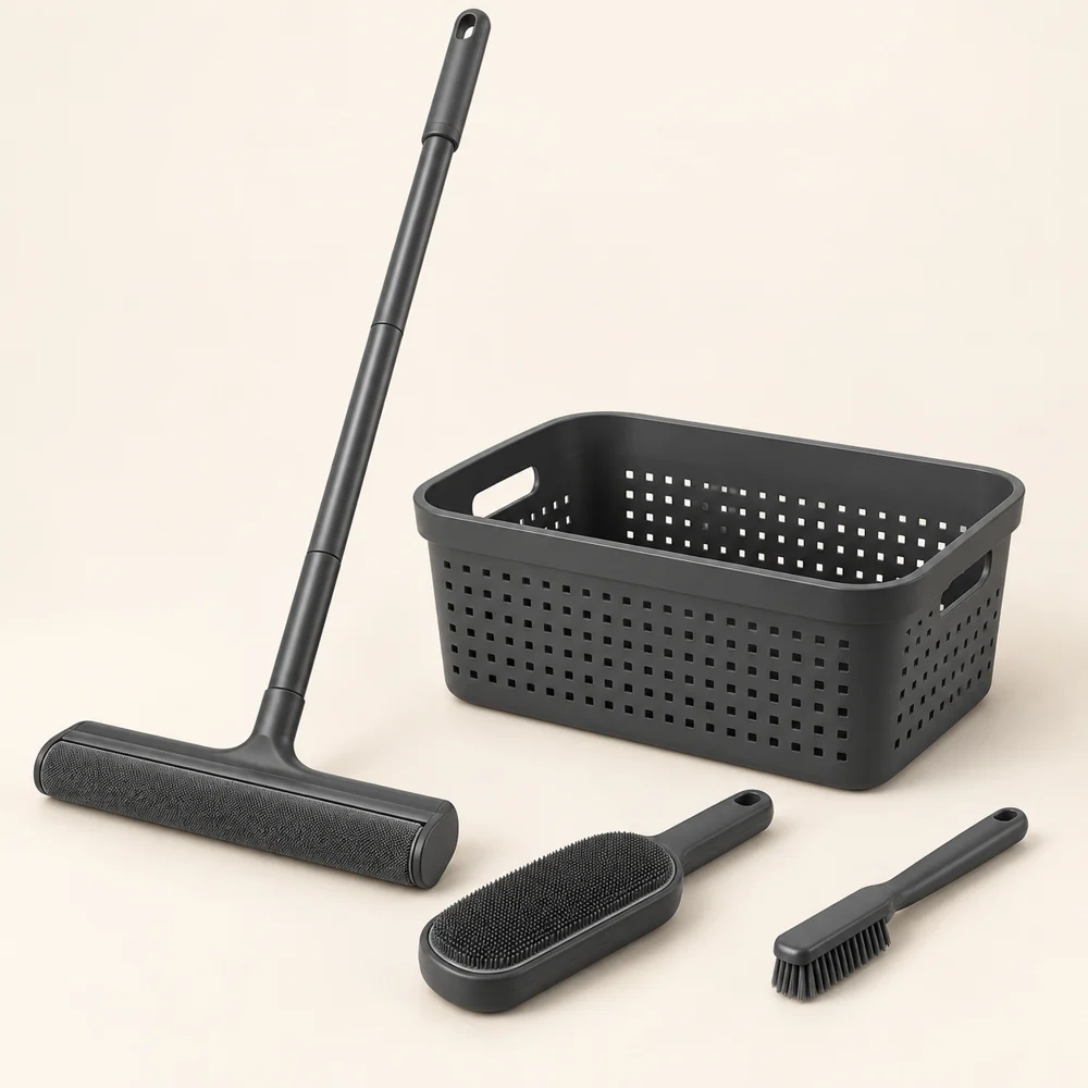 Room Hair Care Kit in Graphite — One long-handled hair tool, one fabric brush, one detail brush and one basket