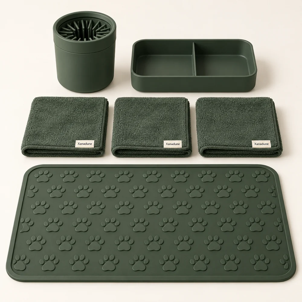 Entry Cleanup Station in Moss — One M cup, three towels, one paw mat and one divided tray