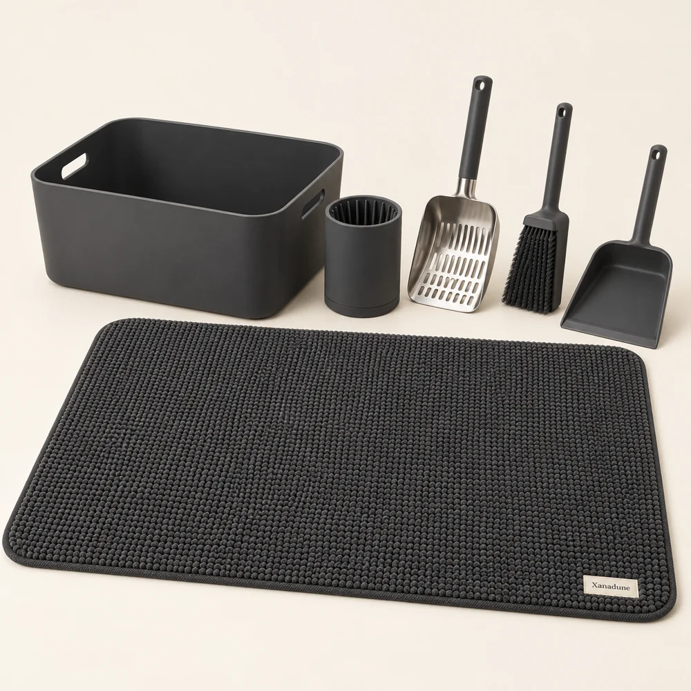 Cat Corner Station in Graphite — One mat, one steel scoop, one holder, one brush, one dustpan and one basket