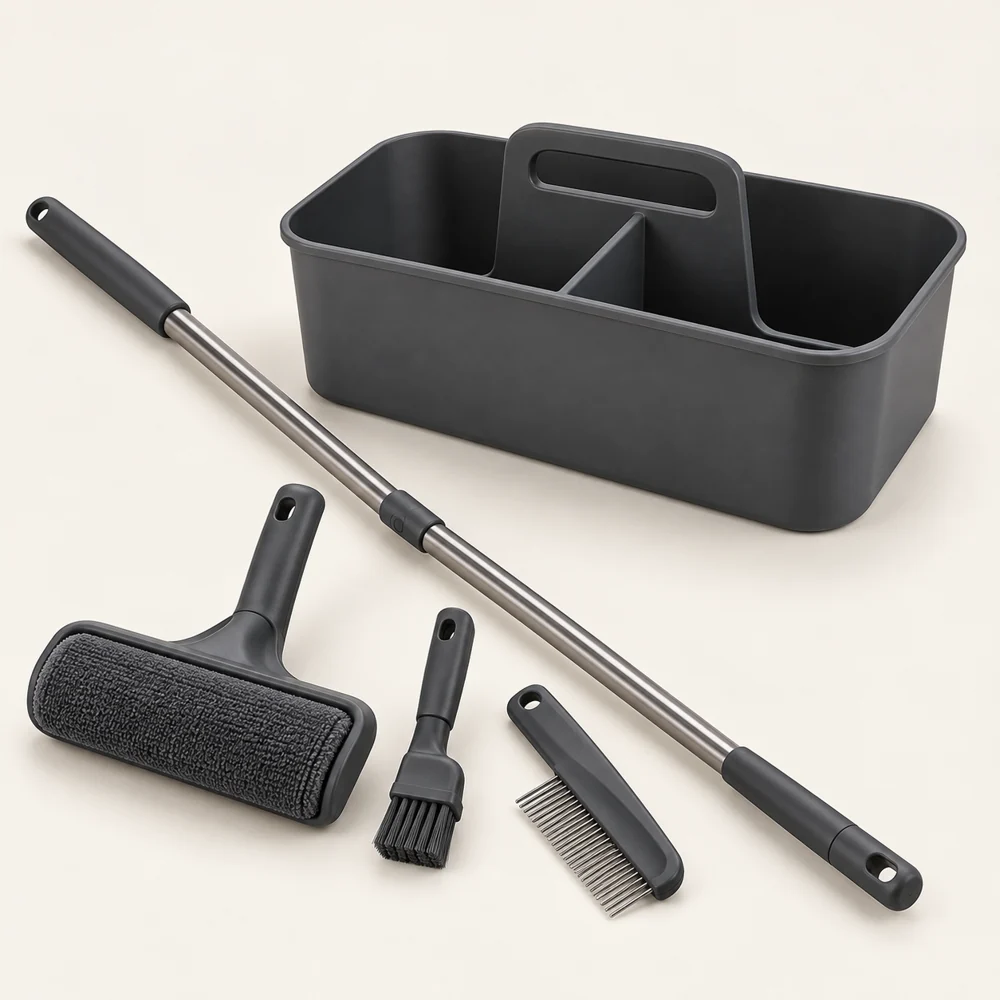 Home Fabric Station in Graphite — One long-handled tool, one fabric brush, one detail brush, one comb and one divided basket