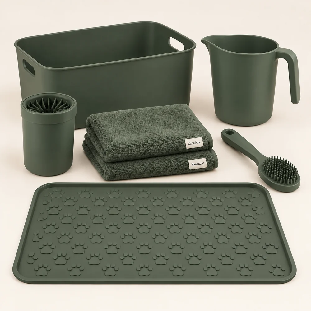 Dog Daily Care Collection in Moss — One cup, two towels, one bath brush, one jug, one paw mat and one basket