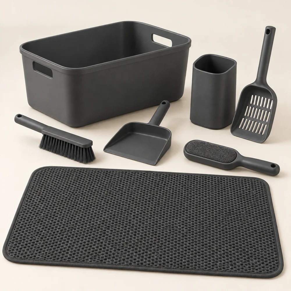 Cat Cleanup Collection in Graphite — One mat, one scoop, one scoop holder, one brush, one dustpan, one fabric brush and one basket