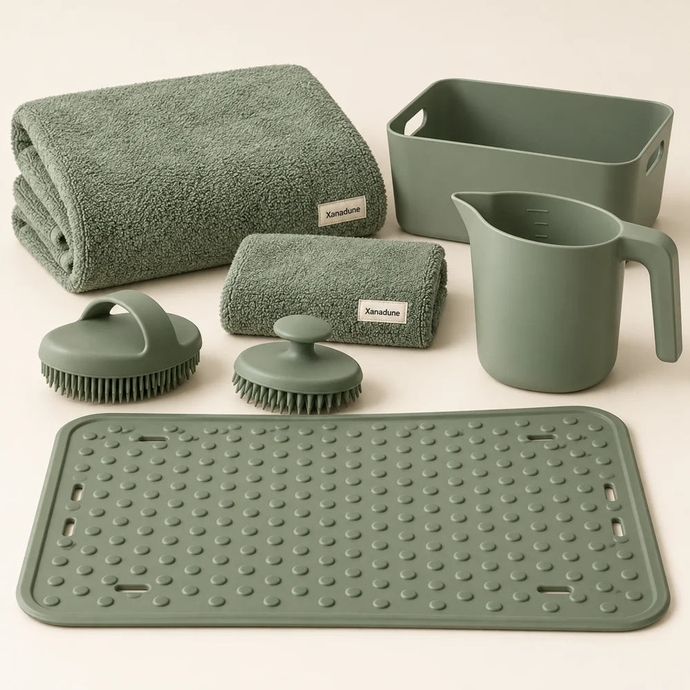 Bath & Dry Collection in Moss — Two towels, two bath brushes, one jug, one mat and one basket